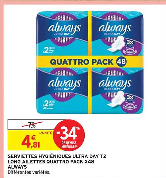 Serviettes Hygiéniques Ultra Day T2 Long Ailettes Quattro Pack X 48 Always
