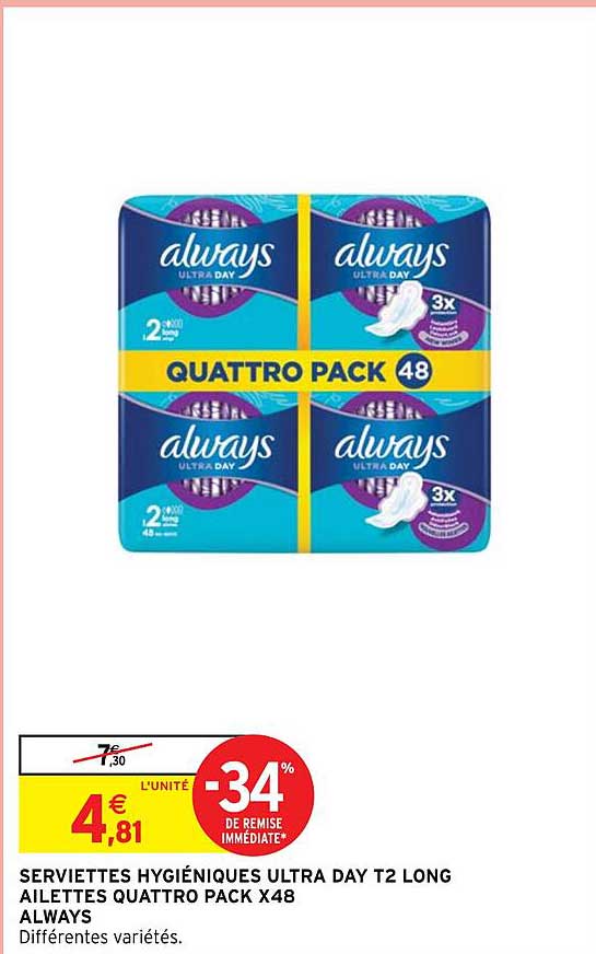serviettes hygiéniques ultra day t2 long ailettes quattro pack x 48 always