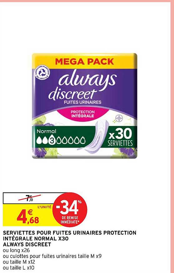 serviettes pour fuites urinaires protection intégrale normal x 30 always discreet
