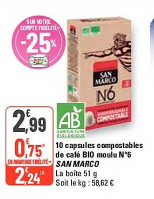 10 capsules compostables de café bio moulu n°6 san marco