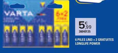 6 piles lr03 + 2 gratuites longlife power varta