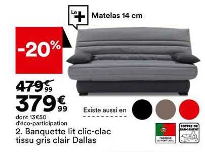 banquette lit clic-clac tissu gris clair dallas