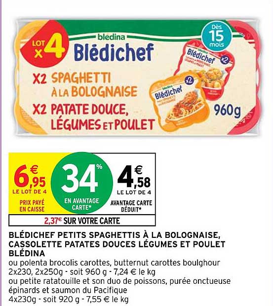 blédichef petits spaghettis à la bolognaise, cassolette patates douces légumes et poulet blédina