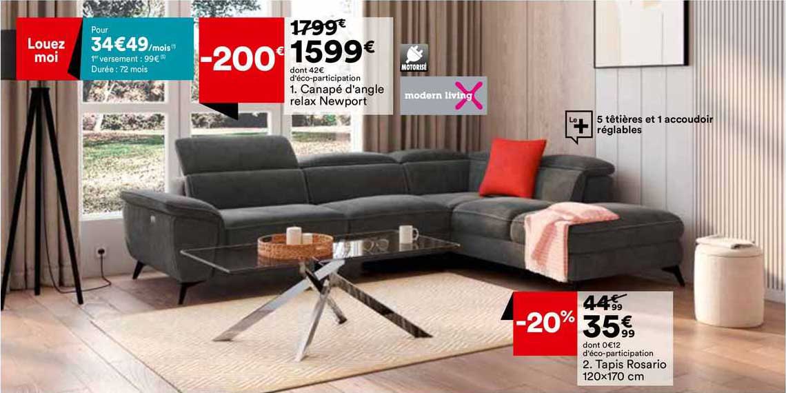 canapé d'angle relax newport, tapis rosario 120 x 170 cm