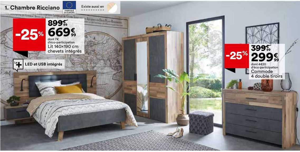 chambre ricciano : lit 140 x 190 cm chevets intégrés, commode 4 double tiroirs