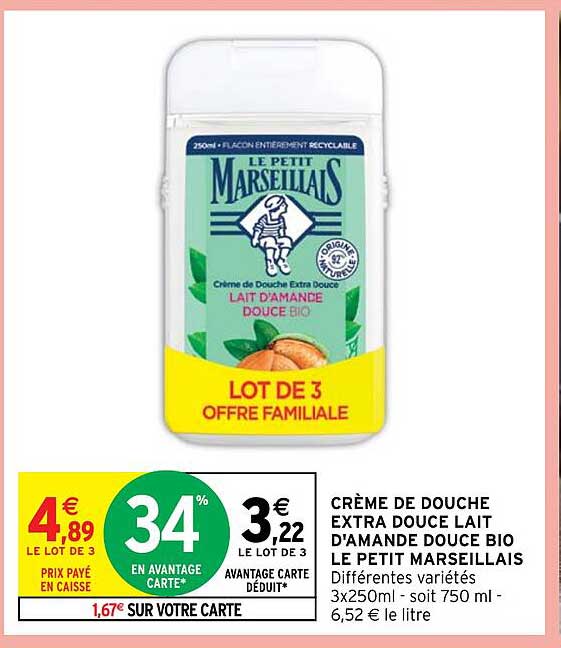 crème de douche extra douce lait d'amande douce bio le petit marseillais