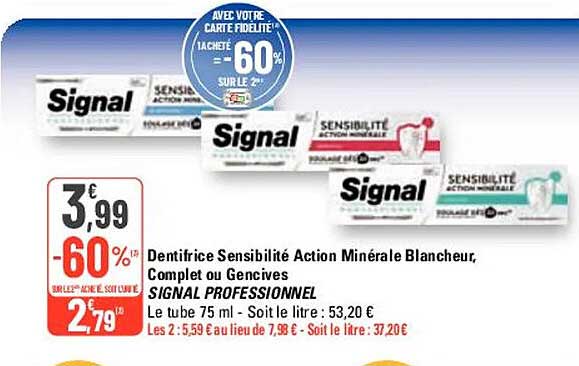 dentifrice sensibilité action minérale blancheur, complet ou gencives signal professionel