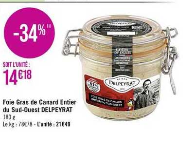 foie gras de canard entier du sud-ouest delpeyrat -34%
