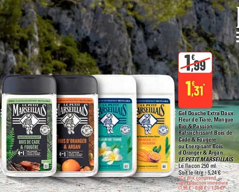 gel douche extra doux fleur de tiaré, mangue bio & passion rafraichissant bois de cade & fougère ou energisant bois d'orange & argan le petit marseillais