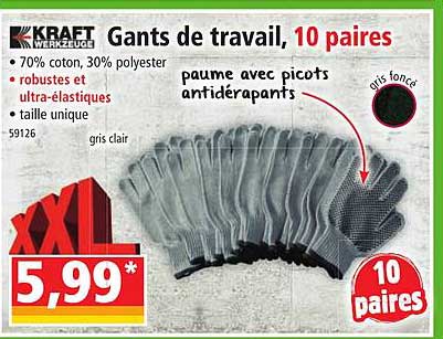 kraft werkzeuge gants de travail 10 paires