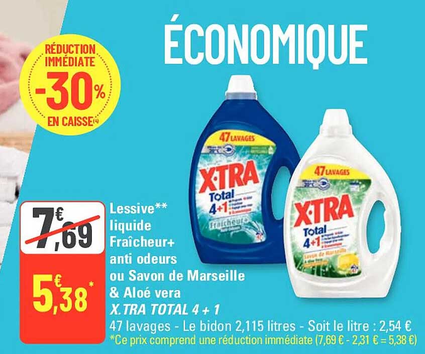 lessive liqudie fraîcheur+ anti odeurs ou savon de marseille & aloé vera x. tra total 4 + 1