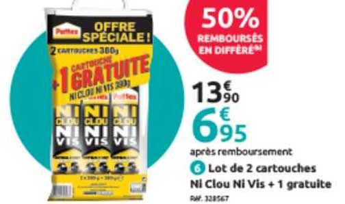 lot de 2 cartouches ni clou ni vis + 1 gratuite pattex
