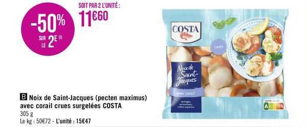 noix de saint-jacques (pecten maximus) avec corail crues surgelées costa