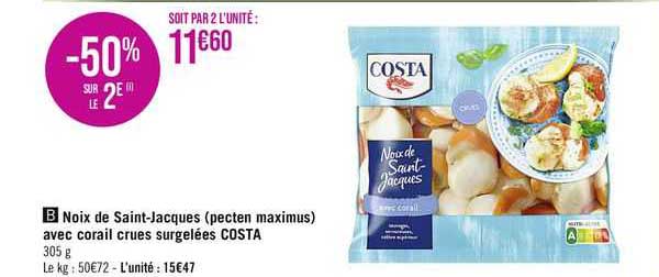 noix de saint-jacques (pecten maximus) avec corail crues surgelées costa