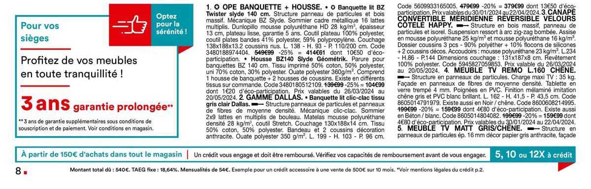 ope banquette + housse, gamme dallas, canapé convertible méridienne reversible velours côtelé happy, meuble tv remo l. 160 chêne, meuble tv matt gris/chêne