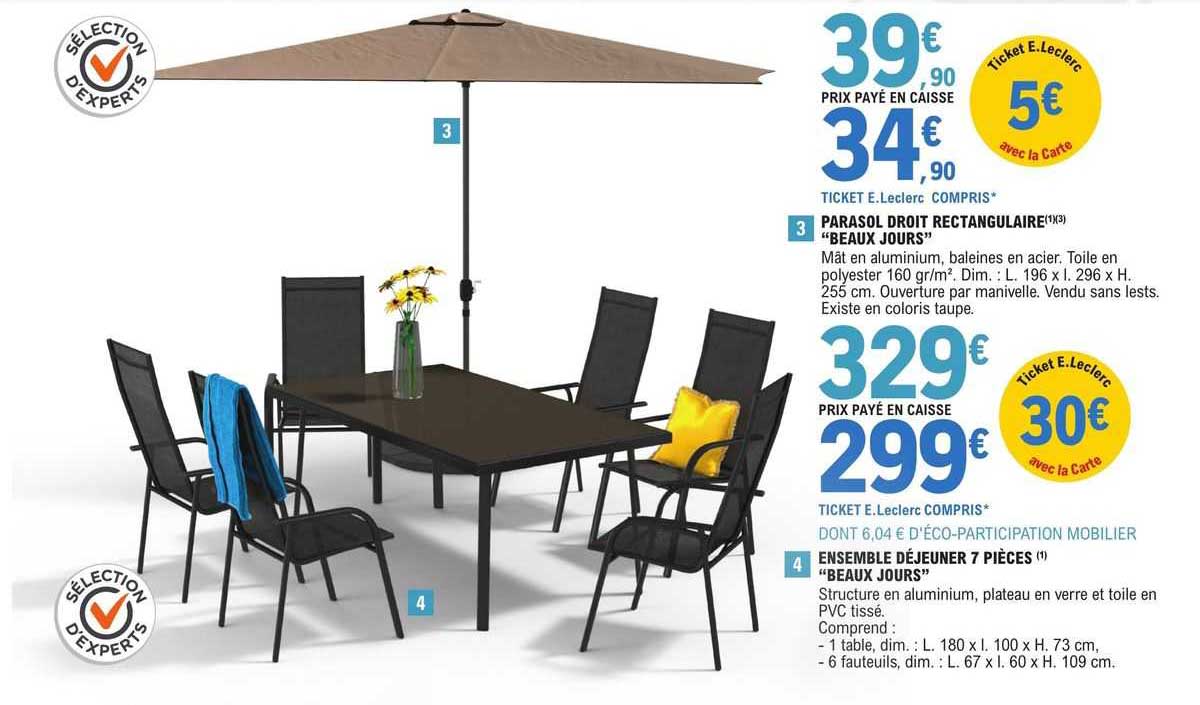 parasol droit rectangulaire "beaux jours"ensemble déjeuner 7 pièces "beaux jours"