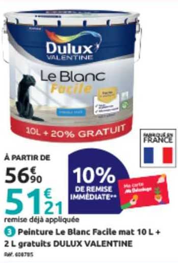 peinture le blanc facile mat 10 l + 2 l gratuits dulux valentine