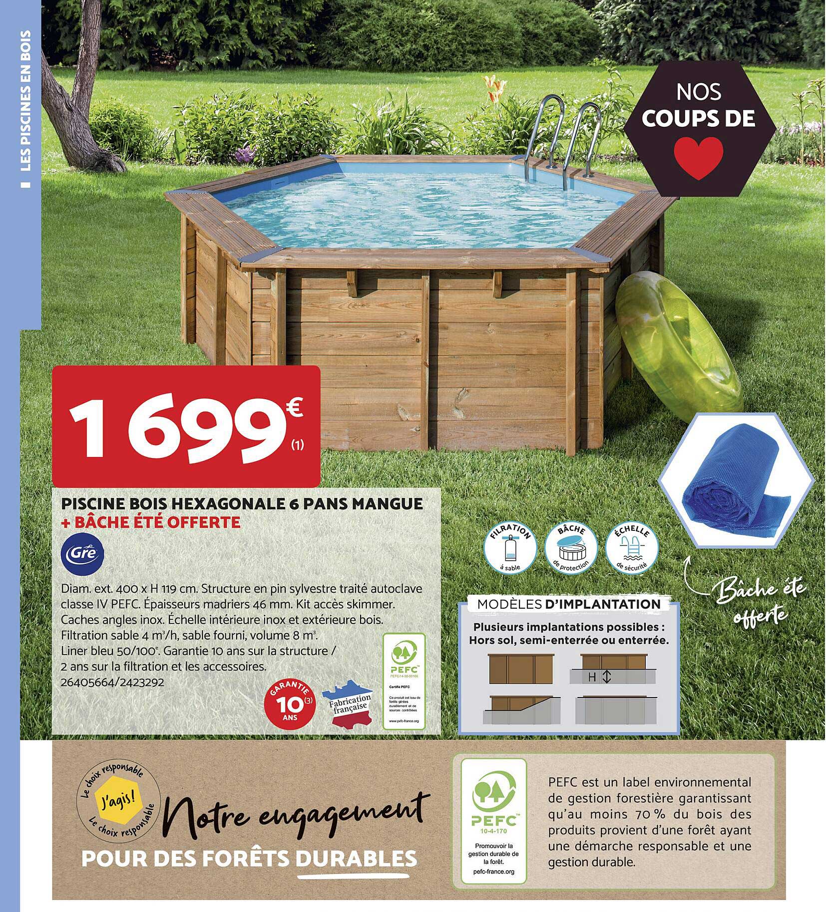 piscine bois hexagonale 6 pans mangue + bâche été offerte gré