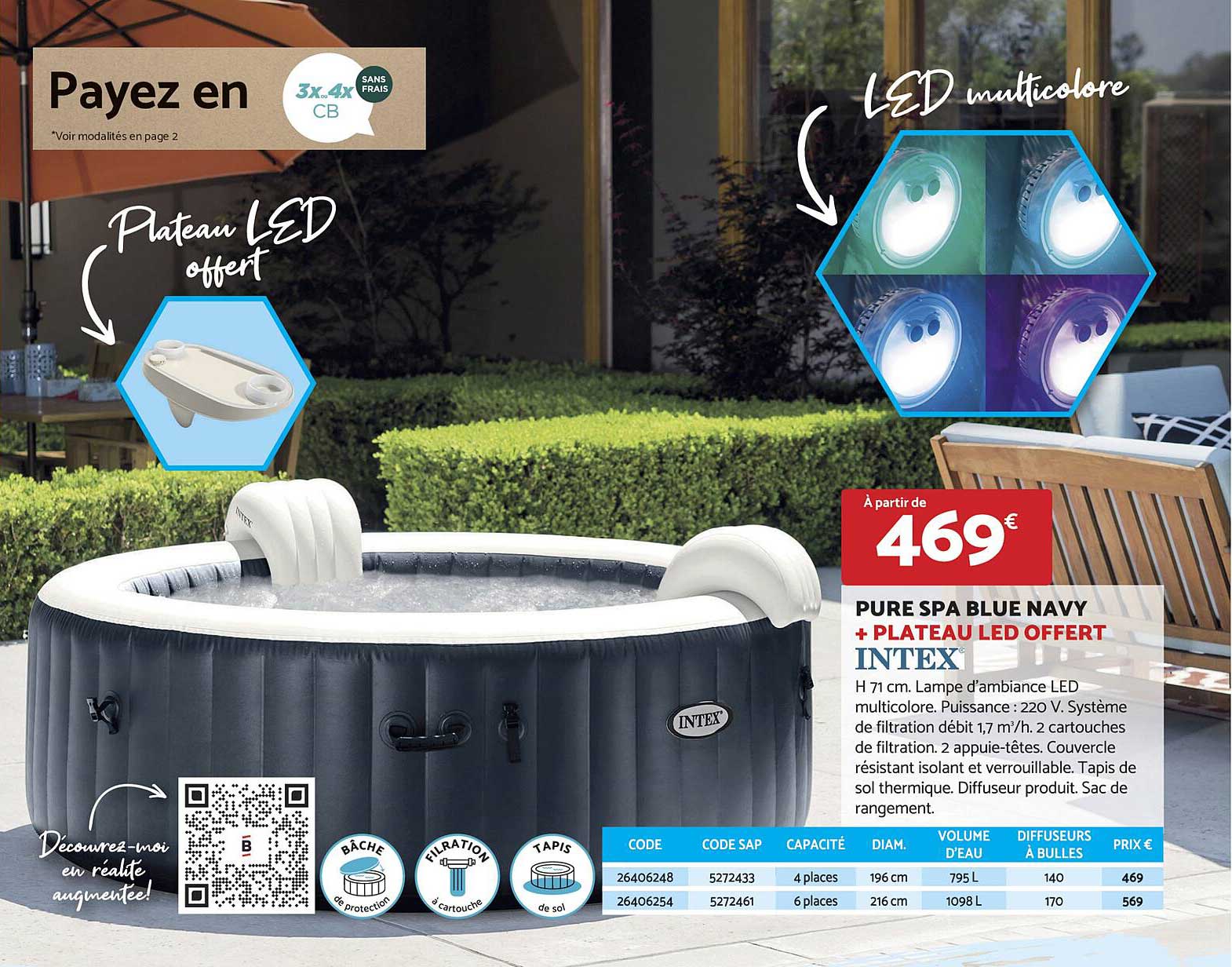 Pure Spa Blue Navy + Plateau Led Offert Intex