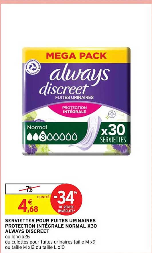 serviettes pour fuites urinaires protection intégrale normal x30 always discreet