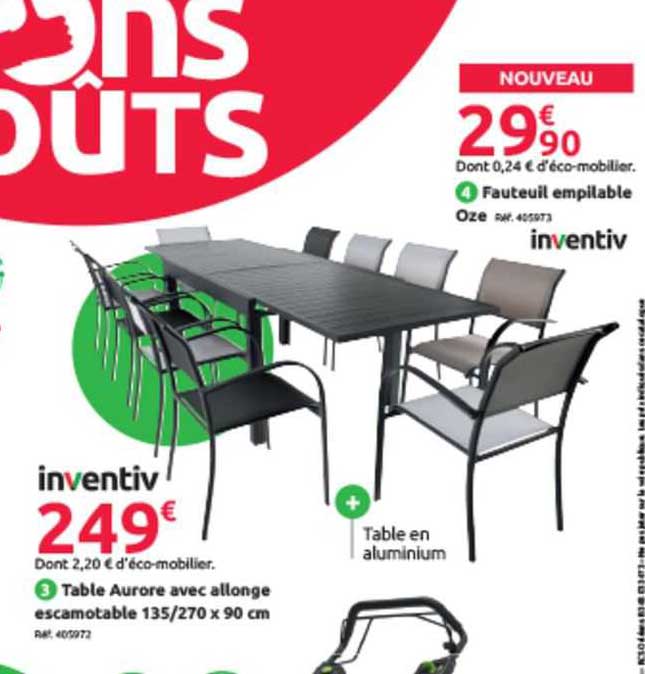 table aurore avec allonge escamotable 135/270 x 90 cm, fauteuil empilable oze inventiv