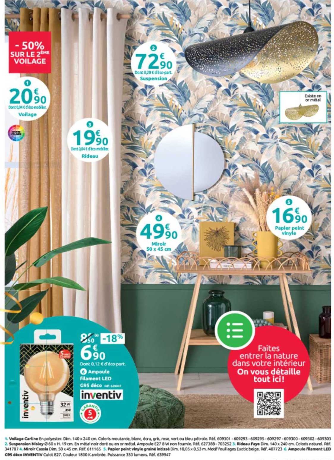 voilage, suspension, rideau, miroir 50 x 45 cm, papier peint vinyle, ampoule filament led inventiv