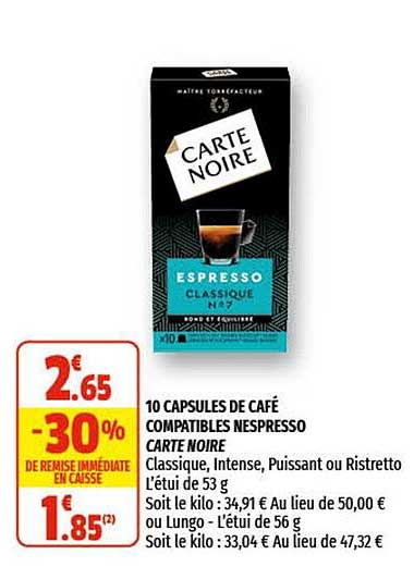 10 capsules de café compatibles nespresso carte noire
