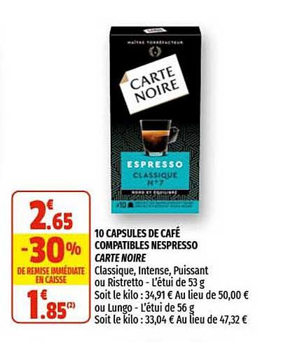 10 capsules de café compatibles nespresso carte noire