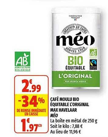 Café Moulu Bio équitable L'original Max Havelaar Méo