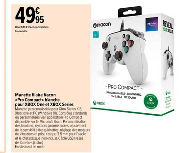 manette filaire nacon «pro compact» blanche pour xbox one et xbox series