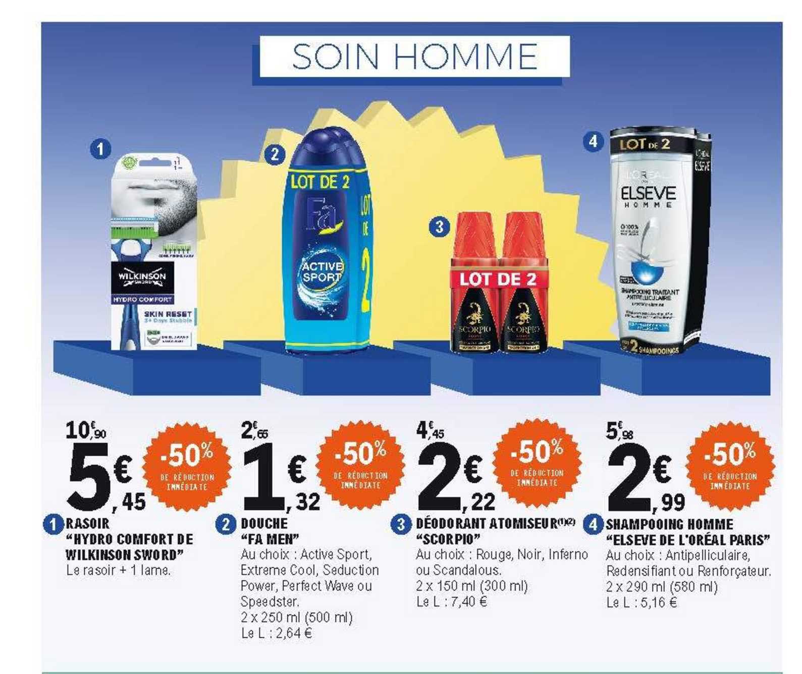 rasoir "hydro comfort de wilkinson sword", douche "fa men", déodorant atomiseur "scorpio", shampooing homme "elsève de l'oréal paris"