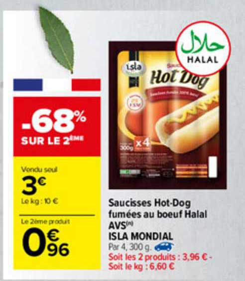 saucisses hot-dog fumées au boeuf halal avs isla mondial