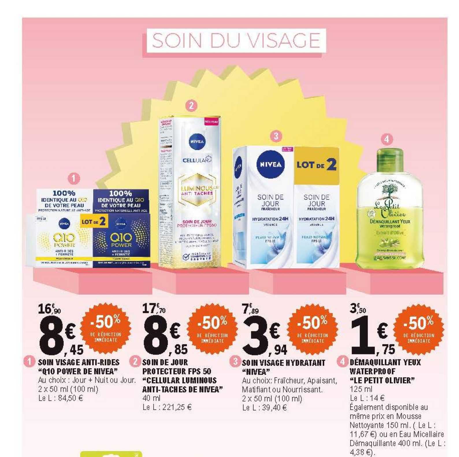 soin visage anti-rides "q10 power de nivea", soin de jour protecteur fps 50 "cellular luminous antitaches de nivea", soin visage hydratant "nivea", démaquillant yeux water proof "le petit olivier"