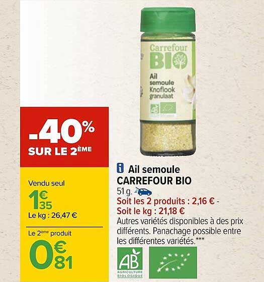 Ail Semoule Carrefour Bio -40% Sur Le 2ème