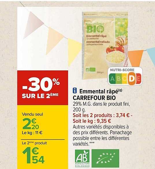 Emmental Râpé Carrefour Bio -30% Sur Le 2ème