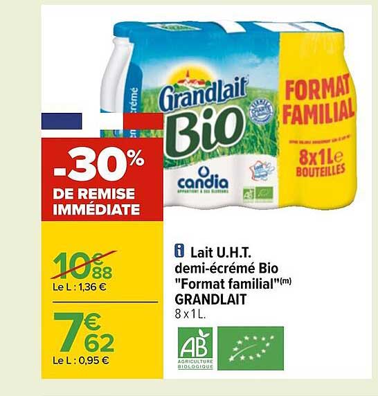 lait u.h.t. demi-écrémé bio "format familial" grandlait -30% de remise immédiate
