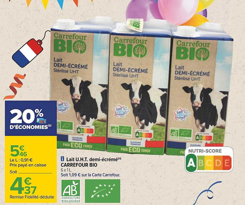 lait u.h.t. demi-écrémé carrefour bio