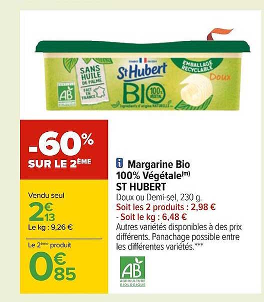 margarine bio 100% végétale st hubert -60% sur le 2ème
