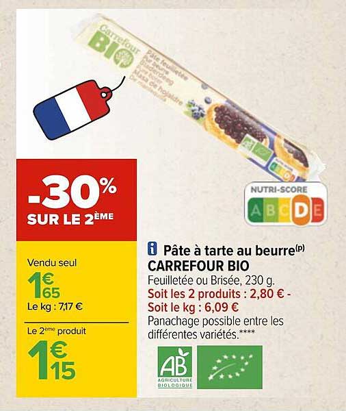 Pâte à Tarte Au Beurre Carrefour Bio -30% Sur Le 2ème