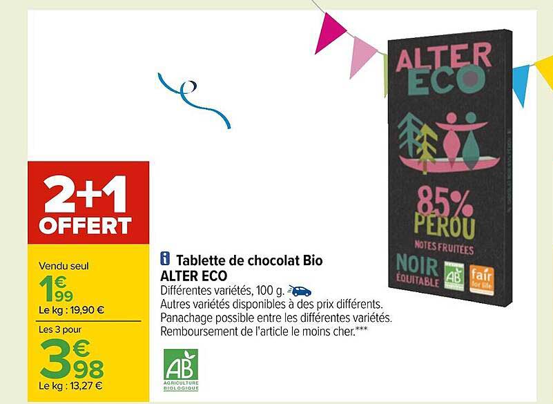 tablette de chocolat bio alter eco 2+1 offert