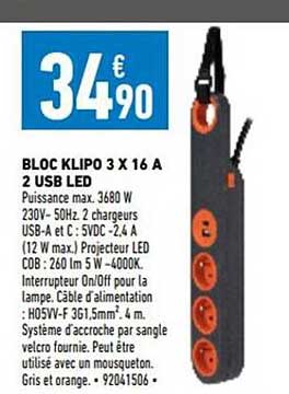 bloc klipo 3 x 16A 2 usb led