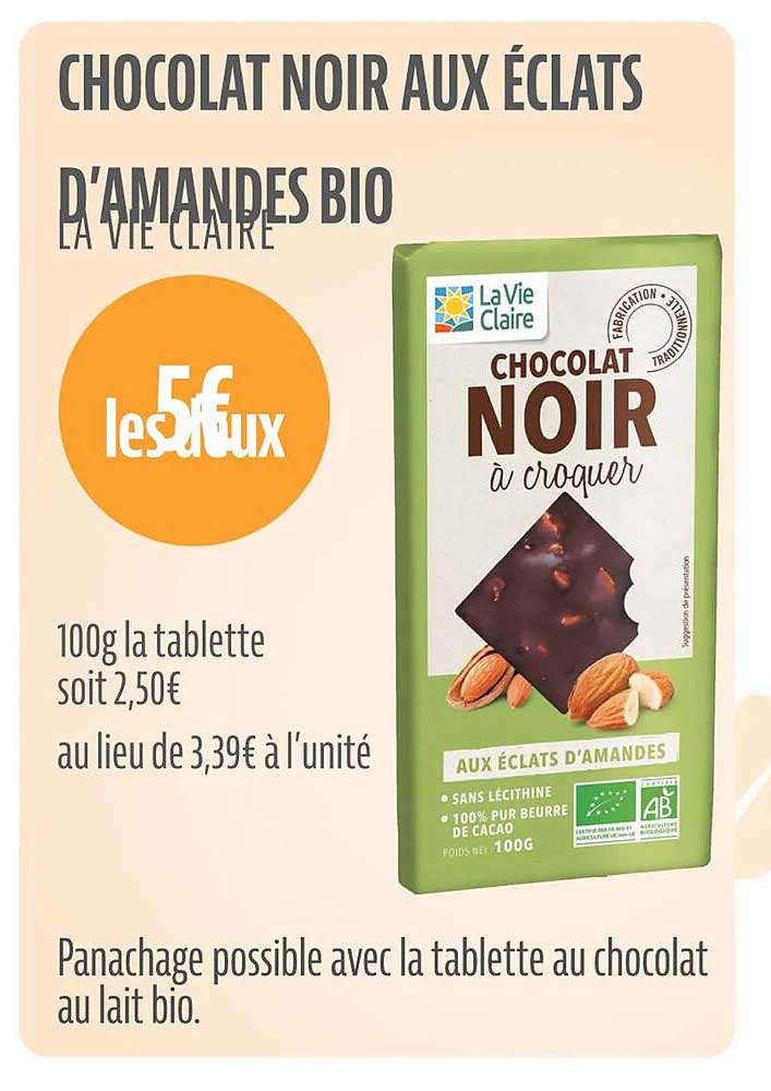 chocolat noir aux éclats d'amandes bio la vie claire