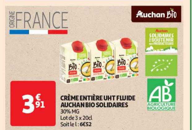 crème entière uht fluide auchan bio solidaires