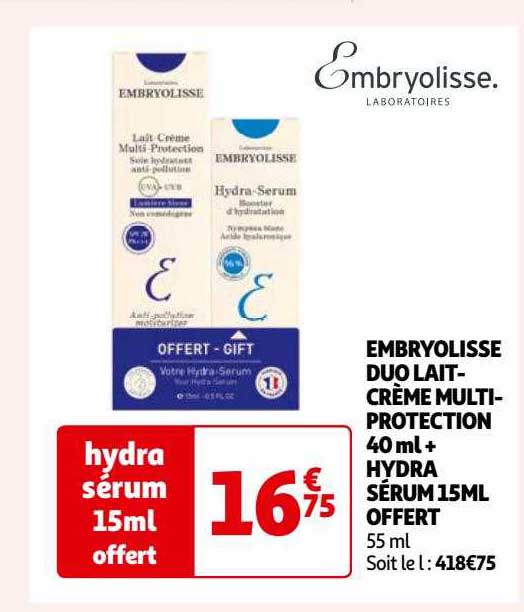embryolisse duo lait-crème multi protection 40ml + hydra sérum 15ml offert