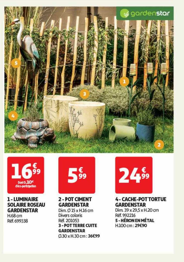 luminaire solaire roseau gardenstar, pot ciment gardenstar, pot terre cuite gardenstar, cache-pot tortue gardenstar, héron en métal