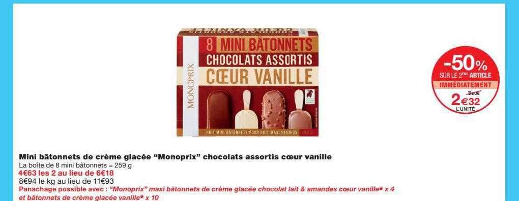Mini Bâtonnets De Crème Glacée "monoprix" Chocolats Assortis Cœur Vanille