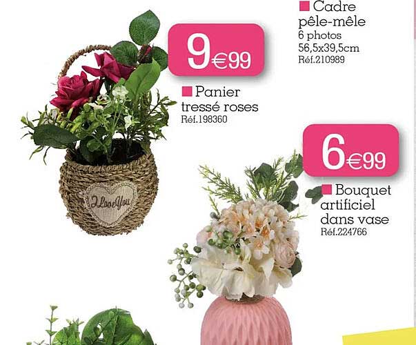 panier tressé roses, cadre pêle-mêle, bouquet artificiel dans vase
