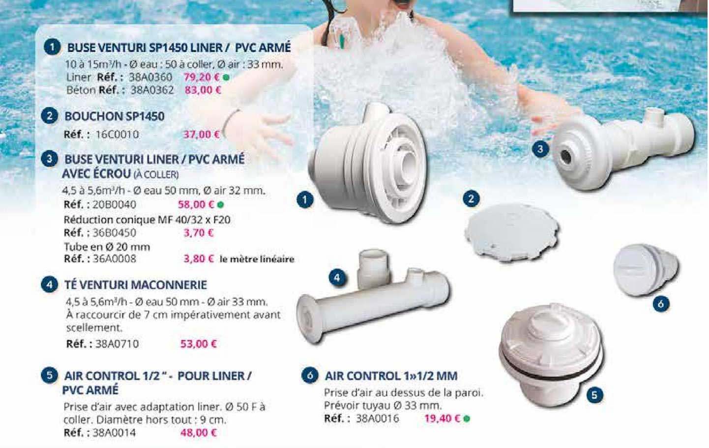 buse venturi sp1450 liner - pvc armé, bouchon sp1450, buse venturi liner - pvc armé avec écrou, té venturi maconnerie, air control 1-2"  pour liner - pvc armé, air control 1 1-2 mm