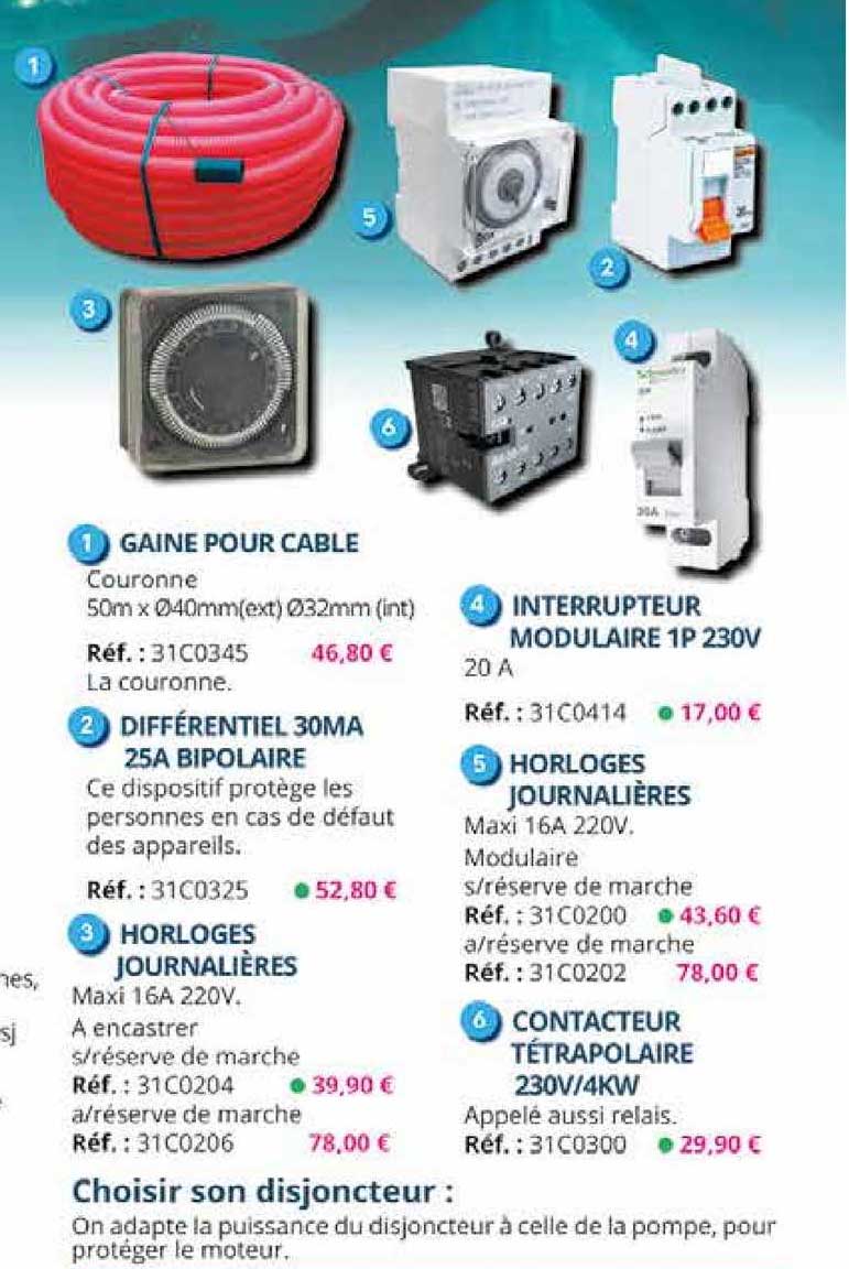 gaine pour cable, différentiel 30ma 25a bipolaire, horloges journalières, interrupteur modulaire 1p 230v, horloges journalières, contacteur tétropolaire 230v-4kw
