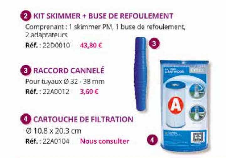 kit skimmer + buse de refoulement, raccord cannelé, cartouche de filtration